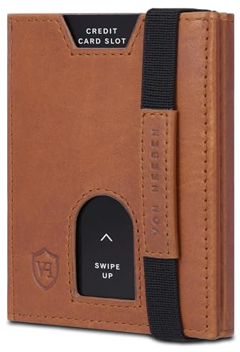VON HEESEN Mini Kartenetui Ohne Münzfach 6-12 Karten - RFID-Schutz - Leder Geldbörse Damen Herren - Geldbeutel Männer klein - Portemonnaie Portmonaise Portmonee Slim Wallet (Cognac Waxy)