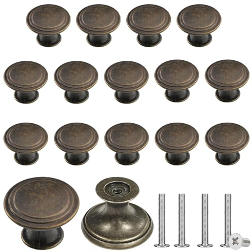 16Pcs Antique Brass Cupboard Handles, Antique Brass Door Knobs with 16 Screws, Vintage Cupboard Handles for Interior Doors Cupboards, 1.1Inch Diameter Door Knobs for Cupboards Wardrobes Drawer