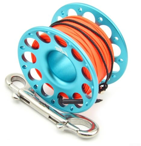 Besttoolifes Carrete de buceo de aleación de aluminio de aviación de 15 m/30 m, para polifibra de alta resistencia con línea y gancho de doble extremo de acero inoxidable 316 (30 m, azul)