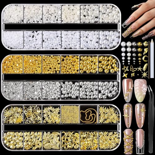 VelvetGlow Gold Pierres à Ongles, Charms d'Ongles Étoile 3D, Perles Flatback blanches et beiges, Charms d'Ongles en Argent et Or, Perles pour Ongles de tailles variées, Perles Métalliques pour