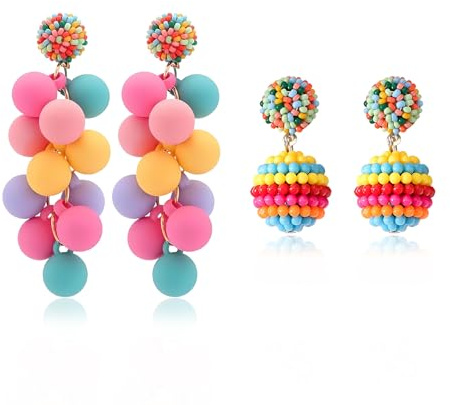 2 Paar Ohrringe Bunt, Karneval Kostüm Damen, Regenbogen-Ohrringe mit Acryl-Kugel, Baumelnde Ohrringe für Damen und Mädchen, Baumelnde Ohrringe, Niedlicher Schmuck, Geschenke, Faschingskostüme