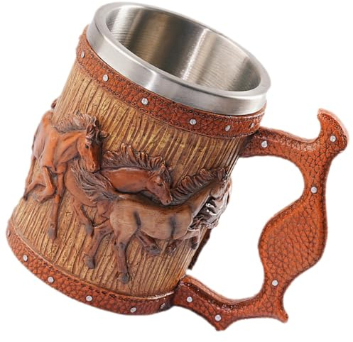 Veemoon Chope à Bière Viking en Résine Imitation Bois Grosse Capacité 500 Ml Gobelet Original Décor Cheval Tasse à Café Polyvalente Bar et Fête