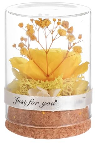 Levemolo Rose Éternelle sous Cloche en Verre Jaune Automnal – Décoration Délicate et Solide – Fleur Immortelle Préservée Présent Saint-Valentin et Noël – Objet Décoratif pour Maison et