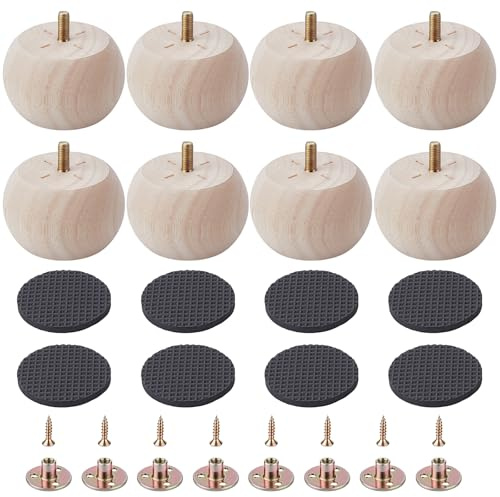 INTERWARM 8 Pcs Round Furniture Legs,7.25cm Bun Feet for Furniture,Modern Couch Feet for Couch Chair Sofa Dresser Desk Table Cabinet Bed Bookcase (Wood)