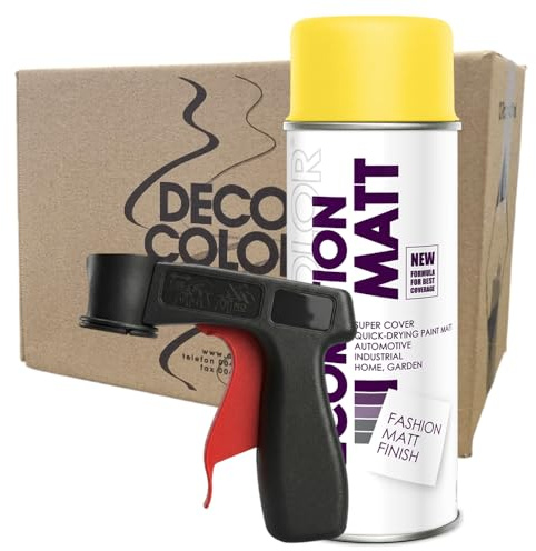 Craft-Equip DC 12er Sparpack Lackspray Matt nach RAL in 400ml zur Lackierung von Auto Stahl Aluminium Beton Holz und Haltegriff (12 Dosen in gelb MATT RAL 1023 + Haltegriff)