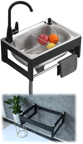 Lavello compatto da parete con staffa in alluminio nero, profondità del lavandino di 18 cm, for lavanderia, lavandino da giardino for esterni, vasca for lavanderia(52 * 38 * 21cm)