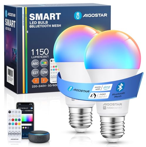 Aigostar Bombilla LED Inteligente Bluetooth Mesh A60 E27 12W 1150lm, RGB + 2700K-6500K Regulable, Ra≥80 220-240V, Compatible con Alexa y Google Home, Mando a Distancia, 2 Unidades