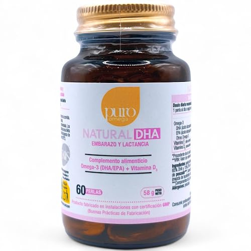 Puro Omega Natural DHA Embarazo y Lactancia 60 Perlas de Pescado - Suplemento de Omega 3 con DHA, EPA, Vitamina D3 y E - Para Desarrollo Cerebral y Visual del Bebé - Postparto Saludable