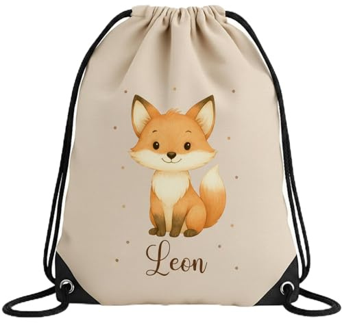 smartaini Personalisierter Turnbeutel mit Namen – Kindergartenbeutel personalisiert, Sportbeutel Kinder, Beutel für Wechselkleidung, leichter Gymbag mit Tiermotiv für Mädchen & Jungen (Fuchs)