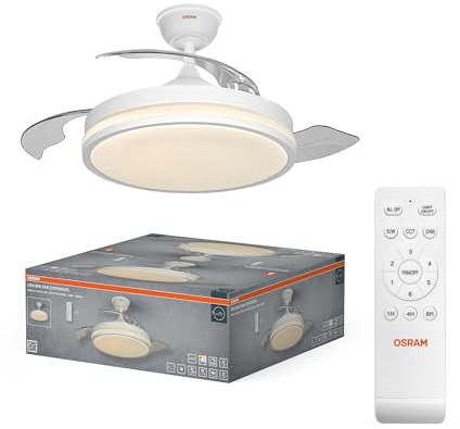 OSRAM Ventilador de techo LED Blanco, silencioso, control remoto | Ceiling fan Coromuel, Ceiling Fans with Lighting, Blanco, 1065 mm dia, 50000 h, Paquete de 1