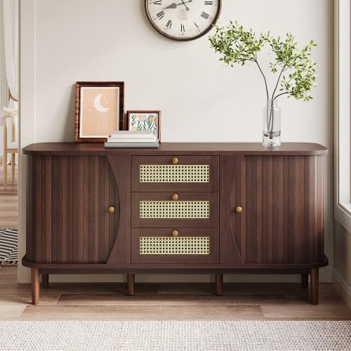 Merax Buffet avec commode en rotin, bois de noyer, portes coulissantes avec étagères réglables, bords arrondis, idéal pour le salon, la salle à manger et le couloir