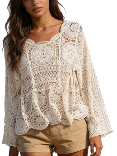 EMASDGEY Maglione da donna casual allentato all'uncinetto a maniche lunghe con copertura per cintura scava fuori maglione pullover lavorato a maglia, Albicocca, Taglia unica