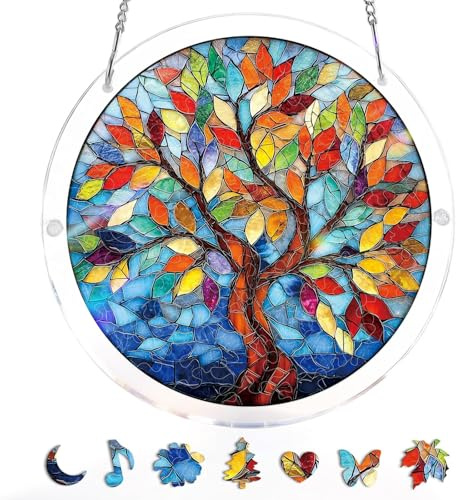Acrylic Puzzles Suncatcher, Tree of Radiant Glass Puzzle, Acrylic Suncatcher Puzzles for Doors Garden, Mother's Day Christmas Birthday Gifts for Women Men (S - 7.4 * 7.4in)