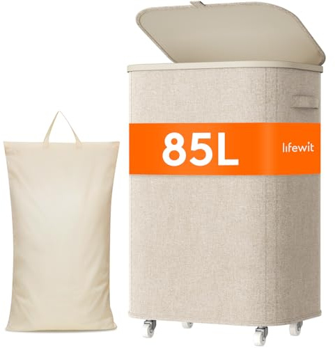 Lifewit Tvättkorg med Lock och Hjul, Vikbar Laundry Basket med Avtagbar Påse, Laundry Basket för Sovrum, Badrum, Tvättstuga, 85L, Beige