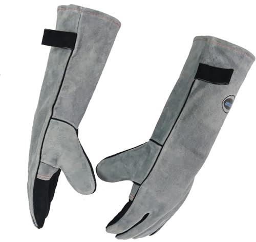 AOUCHI Hitzebeständige Handschuhe aus Leder, 16 Zoll (Grey, L) | Strapazierfähig, Für BBQ, Pizzaofen & Feuerstelle, Schweißen, Holzöfen, Mehrstofföfen, Outdoor-Kochen & Camping