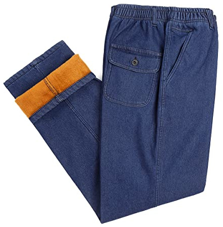 IDEALSANXUN Elastic Waist Jeans for Men Fall Winter Fleece Lined Thermal Warm Straight Leg Senior Jeans Denim Pants, Dark Blue, 38