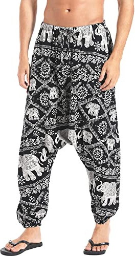 AITFINEISM Men's Drawstring Casual Hippie Harem Pants Loose Drop Crotch Trousers