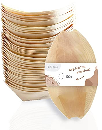 wisefood Einweg Birkenholz Snackschale braun, 50 Stück Fingerfood Schale, Schiffchen, to go Snacktray, biologisch abbaubare Dipschalen, Bio Einweggeschirr