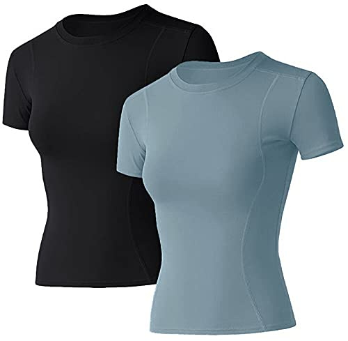Loovoo WomenYoga Shirts Compression Workout 2 Pack Short Sleeve Athletic Gym Sports Dry Fit ExerciseTee Tops
