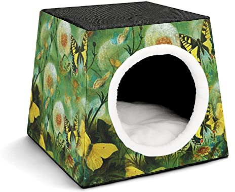 Printed Cat House Foldable Cat Bed Cat Condo Cat Sofa with Removable Washable Cushion Butterflies Flowers