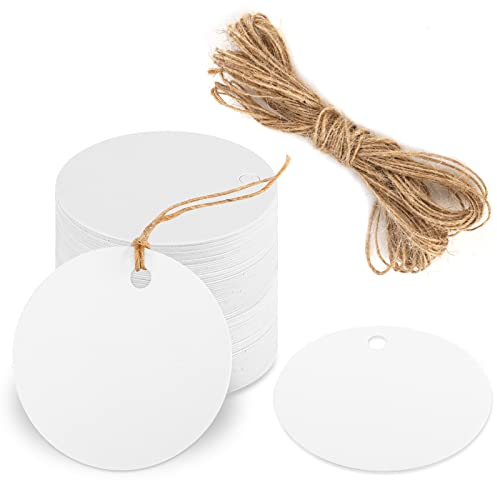 50 Stück Geschenkanhänger, Kraftpapier Anhänger Weiße, 5,5 cm Runde Etiketten Anhänger mit 10 m Juteschnur für Hochzeit Partygeschenk Preis Basteln