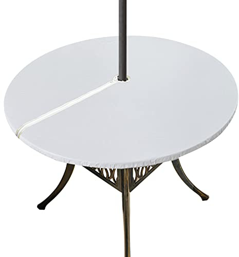 Xikaywnt Round Vinyl Tablecloth with Zipper and Umbrella Hole Fitted Table Cover 100% Waterproof Wipe Clean PVC Table Cover for Outdoor, Picnic and Patio, 40 - 44, White