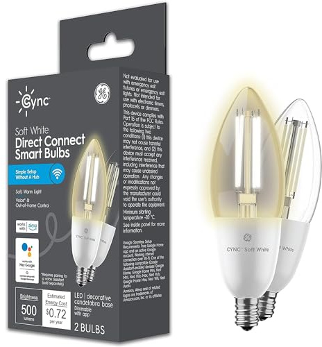 GE CYNC Smart LED Light Bulb, B11 Candle Light Bulb, Works with Amazon Alexa and Google Home, WiFi Light, 60W Equivalent, Soft White, Small Base (Pack of 2)