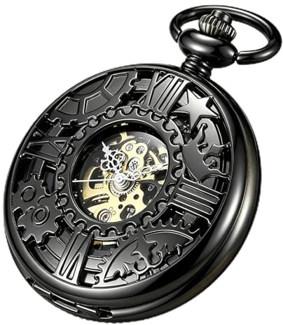 Bronze Men's Antique Mechanical Pocket Watch, Skeleton Mechanical Roman Numerals Pocket Watch with Chain + Box