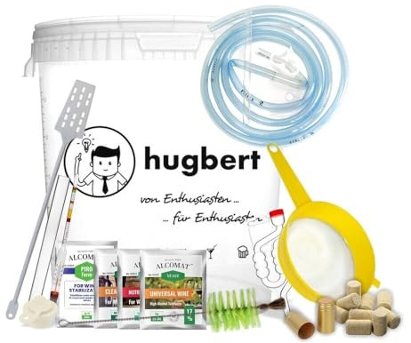 Weinset ALCOMAT-Box-XXL Weinhefe | Gärbehälter 30/33L | Gärröhrchen | Dichtgummi | Weinmessgerät | Wein-Gießset mit Klemme | Rührer| Kaliummetabisulfit | Flaschenbürste | Weinkorken | Schrumpfkapseln