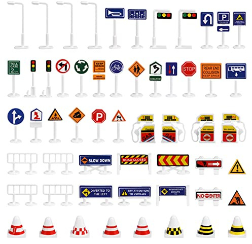 SAFIGLE 56 StüCk Verkehrsschilder Spielzeug Set FüR Kinder, Mehrfarbige Verkehrszeichen, Simulationsdesign, Lehrmittel, Kunststoff, 5,89 X 3,73 X 0,90 Zoll