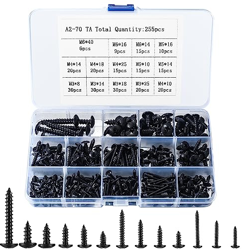 Flachkopfschrauben Rundkopfschrauben, 255 Stk Kreuzschlitzkopf Holzschrauben, Selbstschneidend Schrauben, M3 M4 M5 M6 Kreuzschlitz Linsenkopfschrauben, Selbstbohrende Schrauben - Schwarz