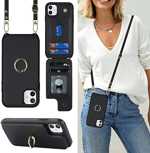 Ｈａｖａｙａ Coque iPhone 11 avec Cordon RFID Porte Carte Portefeuille Étui iPhone 11 avec Cordon Anneau Telephone Portable Réglable Collier Housse Etui pour Femmes - Noir