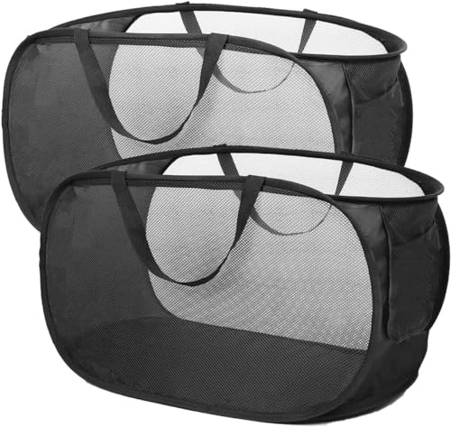 Faltbare Wäschekorb, Pop-Up-Design, Seitentasche, groß, für schmutzige Kleidung, Badezimmer, Kinderzimmer, Reisen, Camping, 57x36x36 cm, Schwarz, 2 Stück