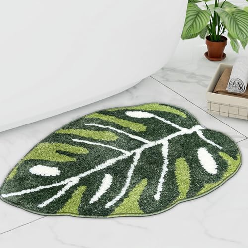 Witzest Green Plant Bathroom Rugs Cute Monstera Leaf Shaped Non Slip Bath Mat, Funny Botanical Floor Bathmat Absorbent Washable Small Bath Matt Bathroom Decor-23''x32''