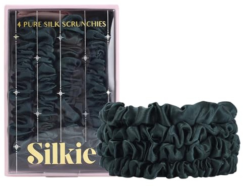 SILKIE 4er-Set 100% reine Maulbeerseide dunkelgrün dünne Haargummis mit Reisebeutel, Haargummis für jeden Tag, Haarpflege, Pferdeschwanzhalter, ohne Haarschäden (Emerald)