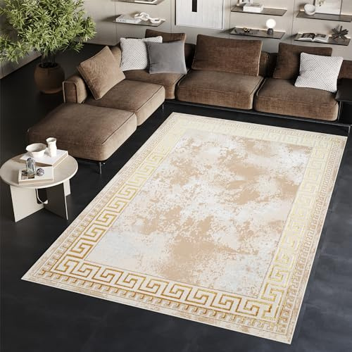 TAPISO Ares Teppich Kurzflor Glänzend Beige Marmoreffekt 300 x 400 cm | Bordüre Barock Klassisch 3D Effekt Wohnzimmer Schlafzimmer OEKO-TEX