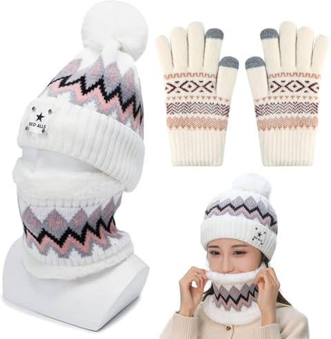 TYXHXTF Wintermütze Damen, Schal Wärmer Mütze 3 in 1 Set Handschuhe Set, Strickmützen für Damen