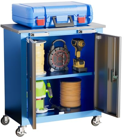 LARBANKE Armoire à Outils avec Roues et 4 Pieds Rembourrés, 2 Portes et 2 Étagères Réglables, Armoire en Acier Verrouillable pour Le Garage, Maison et Le Bureau