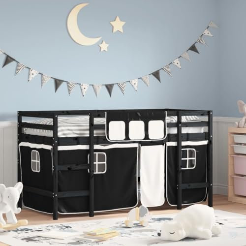 Festnight Hochbett Kinder mit Vorhang Spielbett Kinderbett 90x190 cm Kinderhochbett Etagenbett Hausbett Holzbett mit Leiter Einzelbetten Jugendbett Bettgestell Halbhochbett
