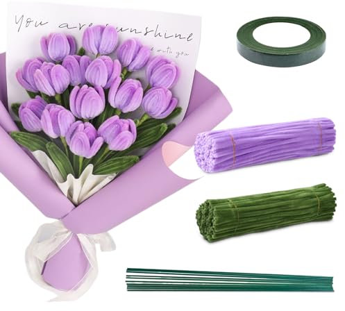 9 Bündel Blumenstrauß Pfeifenreiniger Set, Pfeifenputzer Zum Basteln, Pfeifenreiniger, Pipe Cleaner Basteln, Bunt Basteldraht Chenilledraht für Kinder DIY Dekorationen (Violette Tulpe)