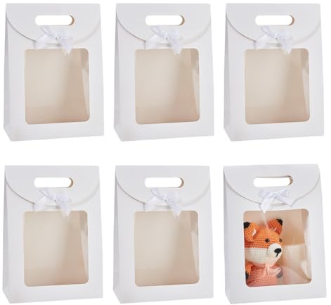 nbeads 12 Stück Kraftpapiertüten Mit Fenster, 19x9x26.5 cm Stand Up Geschenktüte Mit Schleife Kleine Geschenktüte Für Süßigkeiten Kekse Verpackung Hochzeit Weihnachtsgeschäft Einzelhandel, Weiß