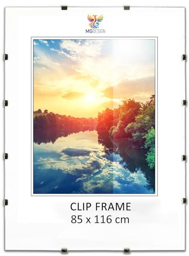 MG Design Cornice Clip 85 x 116 cm – a giorno senza cornice con vetro acrilico e pannello HDF, verticale o orizzontale, per foto, poster, certificati e puzzle