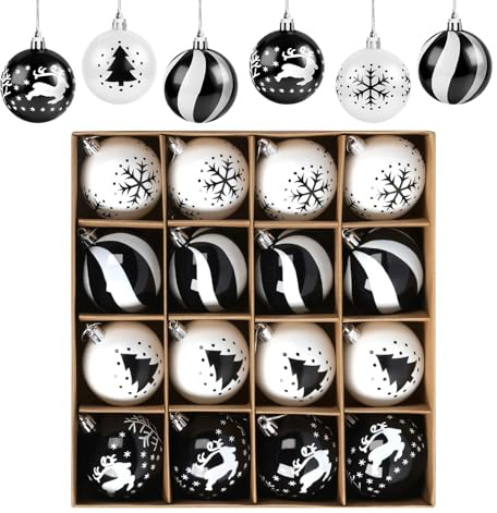 Christbaumkugeln Schwarz Weiß Weihnachtskugeln, ilauke 16Pcs Weihnachtsbaumkugeln - 6cm Bruchsichere Kunststoff Christbaumkugel in 4 Stile für Moderne Schlichte und Skandinavisch Weihnachtsdekoration