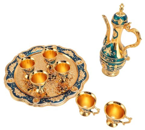 Set di Caffettiere Vintage Set di Pentole per Vino Europeo con 6 Tazze di Teiera Set di Servizi da tè per Matrimonio, Compleanno (Oro Blu)