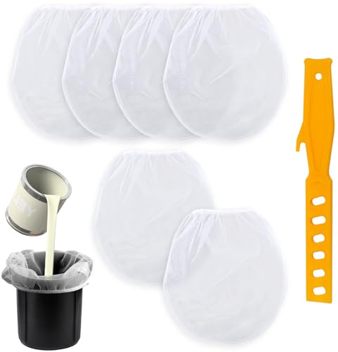 6pcs Filtre Peinture de 1 Gallon, Blanc Filtre pour Seau de Peinture avec Couteau à Mastic en Plastique Peinture et Liquide Sac Filtrant à Mailles Fines pour Peinture et Jardinage