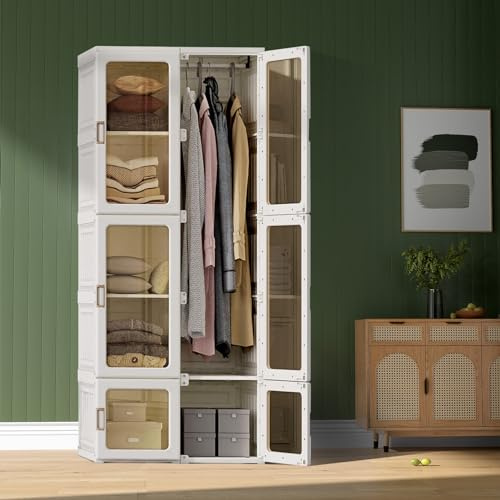 Generisch Kleiderschrank Faltschrank, Tragbarer Schlafzimmerschrank, 170x69x50 cm, Faltbarer Mehrzweckschrank mit magnetischen transparenten Türen, 1 Aufhängestange, für Wohnzimmer Schlafzimmer, weiß
