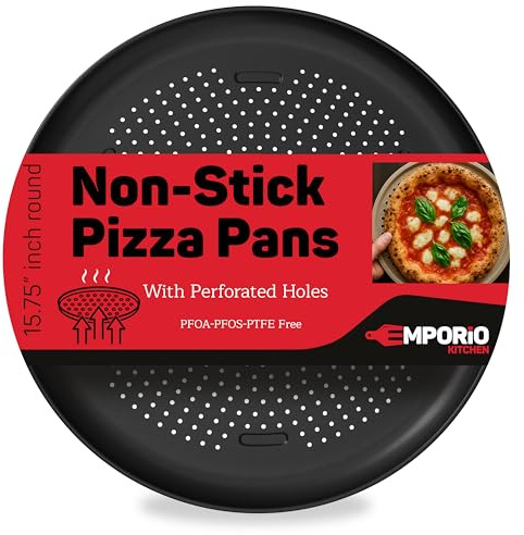 Emporio Kitchen Pizza Baking Pan - 15.75-Inch Round Perforated Carbon Steel Tray with Non-Stick Coating, Dishwasher Safe, Oven Safe (Up To 450° F), Airflow Design, PFOA, PFOS, PTFE Free, Gray