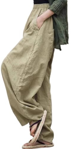 Ethnic Style Cotton and Linen tai chi Pants for Women in Winter Thickened Bloomers Wide-Leg Harem Trousers S3 Yellow S