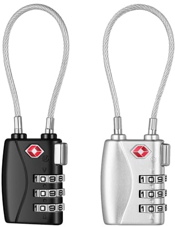 NAGE TSA Approved Luggage Locks with Open Alert Indicator(2P, Black&Sliver) | Suitcase Padlock with Flexible Cable, White Code 4 Digit Luggage Locks for Suitcases, Briefcase, Travel Lock, Tent Lock