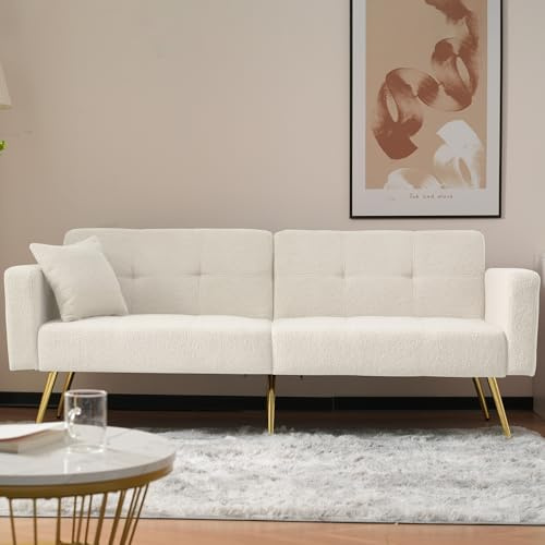 Kebnor Schlafsofa mit Bettfunktion, verstellbarem Winkel, goldenen Beinen, mit Kissen und seitlichen Aufbewahrungstaschen (Weiß)